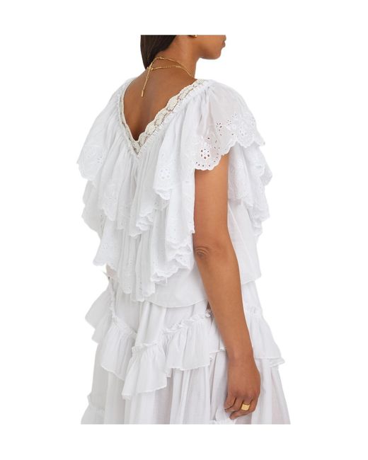 Chloé White Embroidered Ruffled Cropped Cotton Top