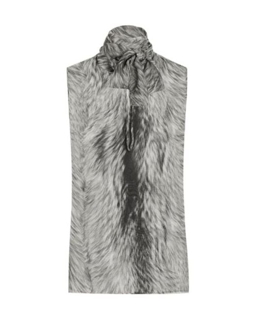 Dolce & Gabbana Gray Fur-Printed Chiffon Pussy-Bow Shirt