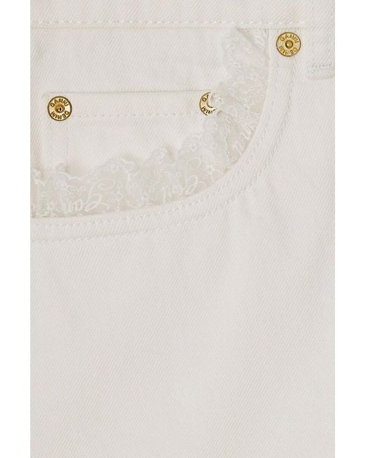 Ganni White Lace-Trim Denim Shorts