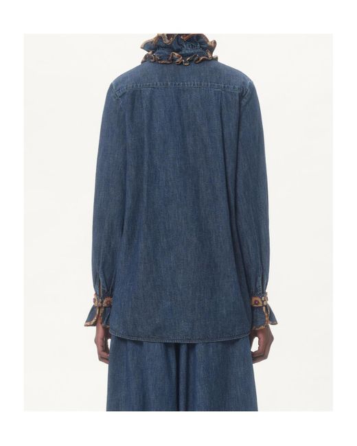 Valentino Blue Ruffled Long-Sleeved Denim Top