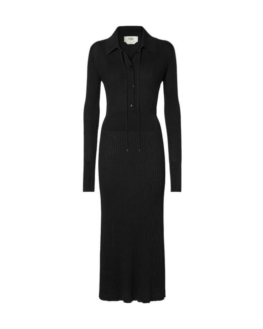 Fendi Black Ribbed-Knit Long Sleeved Drawstring Midi Dress