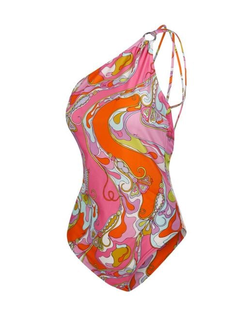 Emilio Pucci White Pucci One-Shoulder Printed Swimsuit