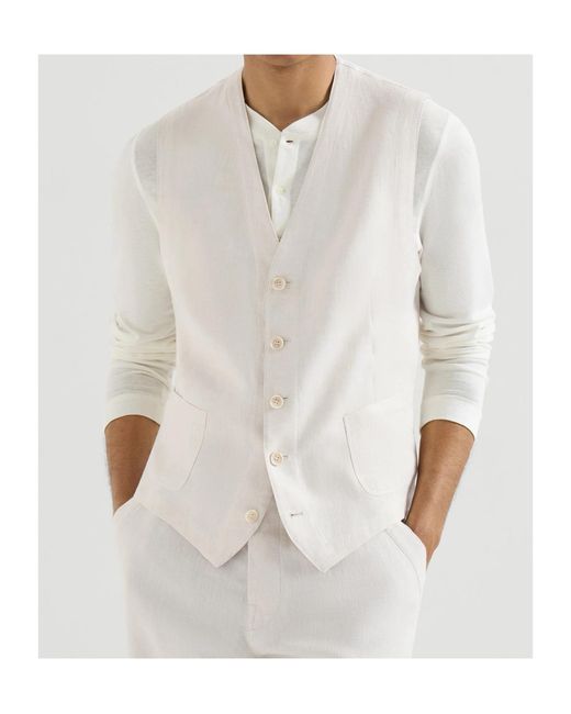 Brunello Cucinelli White Linen Micro Chevron Waistcoat for men