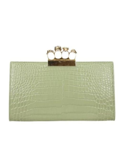 McQueen Green Knuckle Croc-Effect Clutch Bag