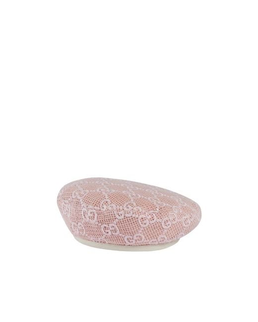 Gucci Pink Gg-Embroidered Crochet Cotton Beret