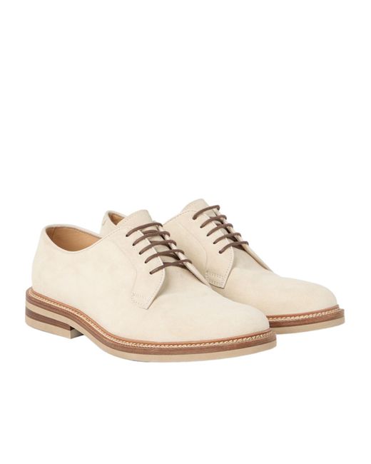 Brunello Cucinelli White Round Toe Lace-Up Derby Shoes for men