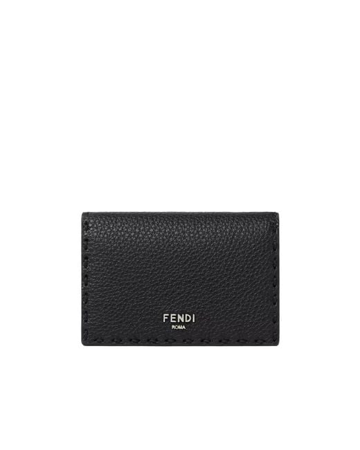Fendi Black Stitched Selleria Leather Card Holder for men