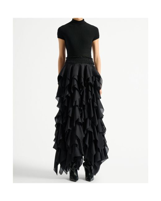 Balmain Black Silk Ruffled Maxi Skirt
