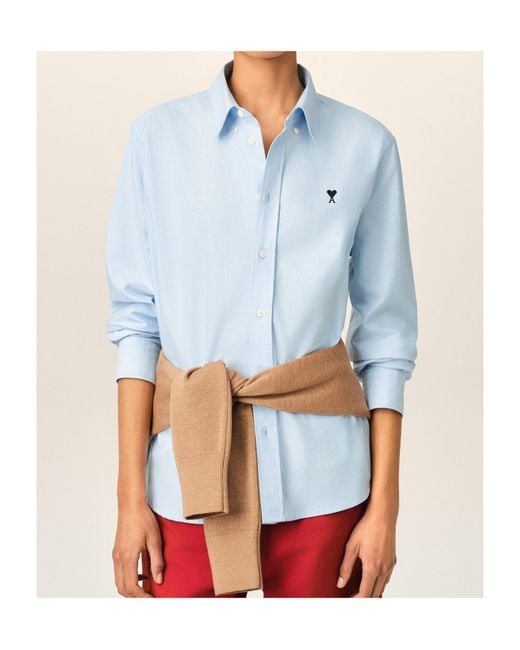 AMI Blue Logo Detailed Long Sleeved Shirt for men