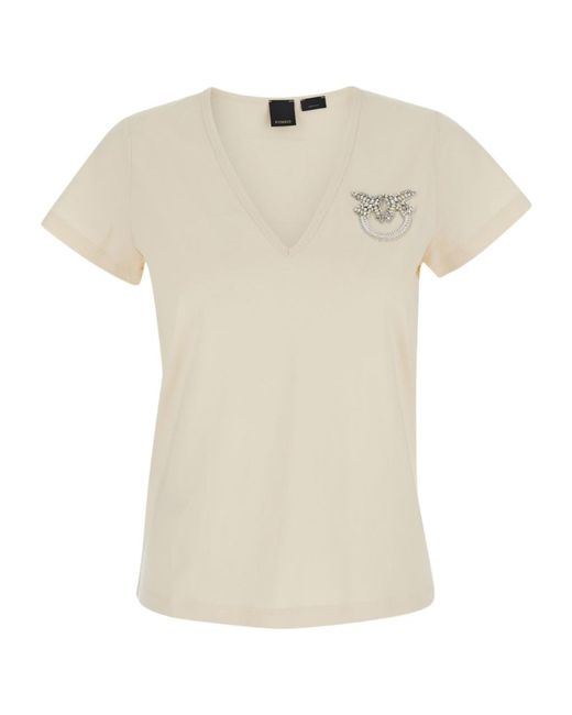 Pinko White Love Birds Embellished V-Neck T-Shirt