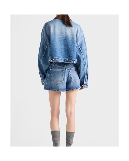 Prada Blue Leather-Collar Cropped Denim Jacket