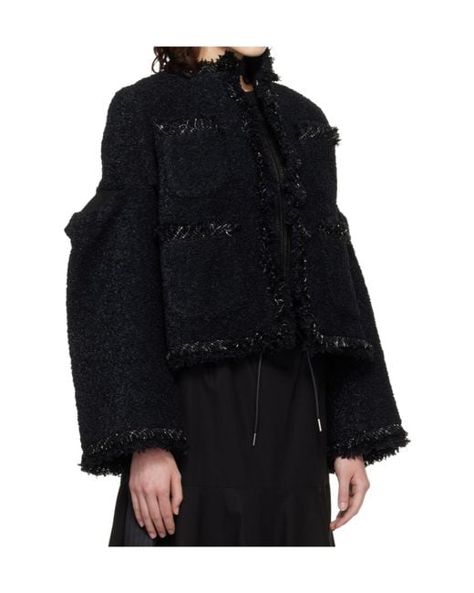 Sacai Black Long Sleeved Crewneck Tweed Jacket