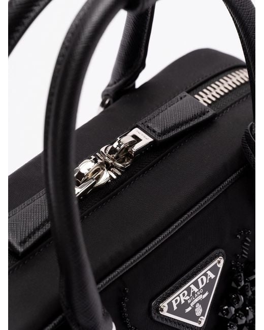 Prada Black Logo Plaque Zip-Up Tote Bag