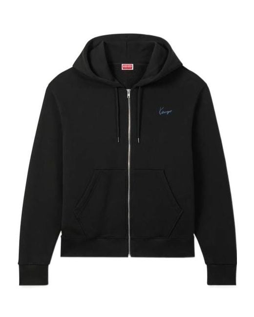 KENZO Black Signature Embroidered Zip Up Hoodie for men