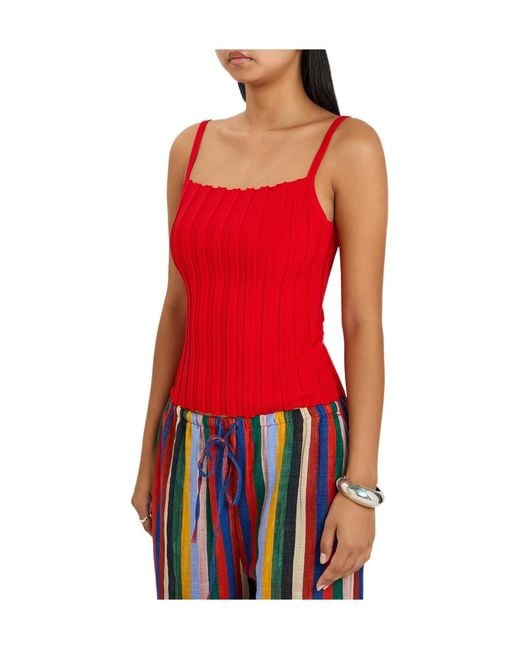 Staud Red Solid Ribbed-Knit Tank