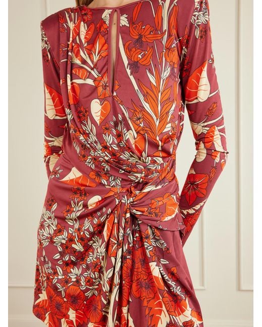 Johanna Ortiz Red Open-Back Draped Printed Jersey Mini Dress