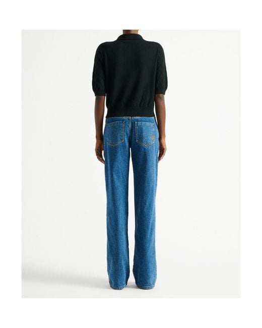 Balmain Black Merino Wool Openwork Crop Polo Shirt