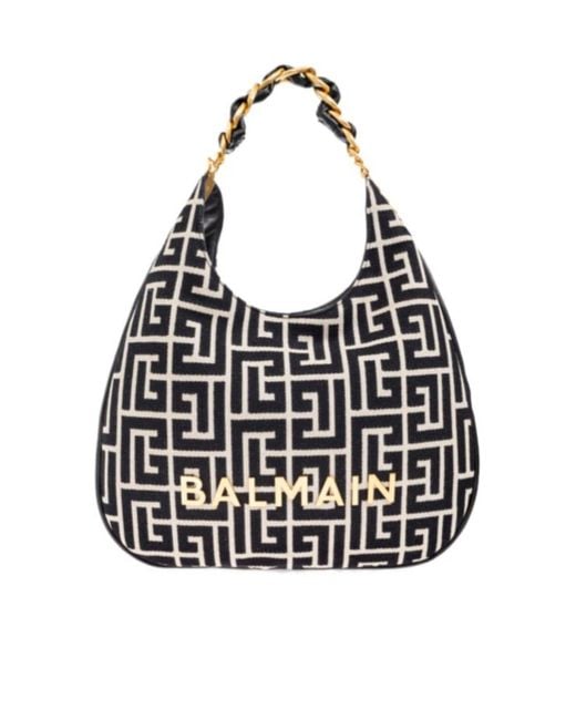 Balmain Black 1945 Soft Hobo Large Monogrammed Jacquard Tote Bag