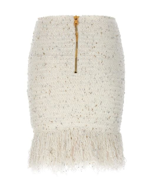 Balmain White Tweed Fringed Mini Skirt