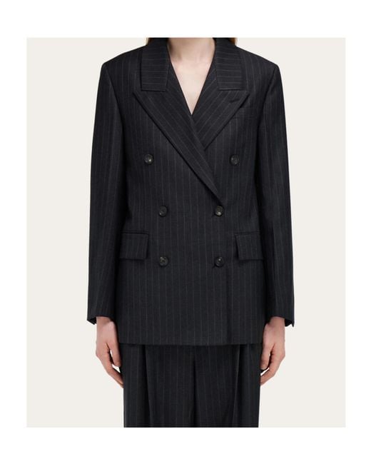 Ferragamo Blue Double-Breasted Pinstripe Suit Jacket
