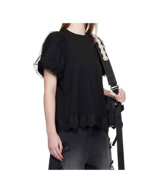 Simone Rocha Black Sheer Puff Sleeve Lace Trim T-Shirt