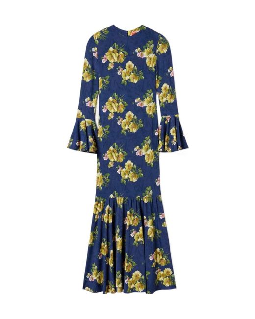 LaDoubleJ Blue Floral Bell-Sleeve Midi Dress
