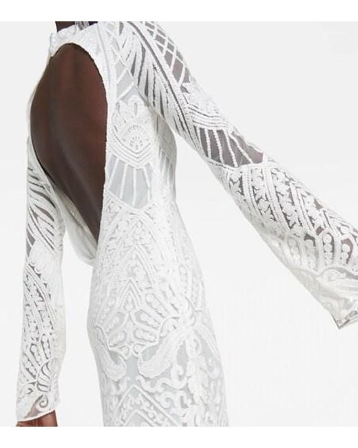 Galvan White Borghese Backless Lace Midi Dress