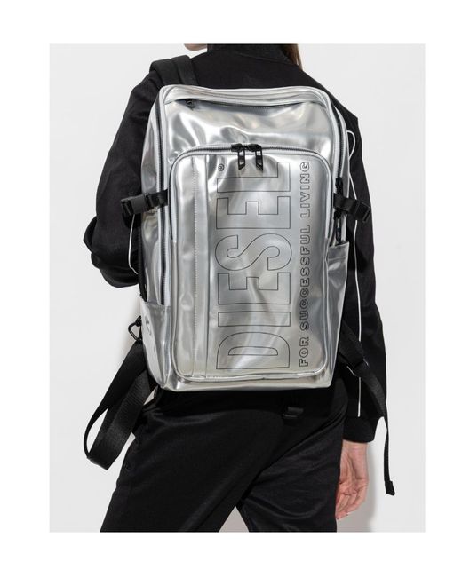 DIESEL Gray Logo Print Zip-Up Backpack for men