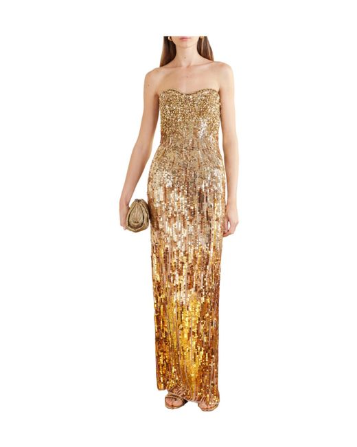 Jenny Packham Metallic Strapless Chiffon Dress
