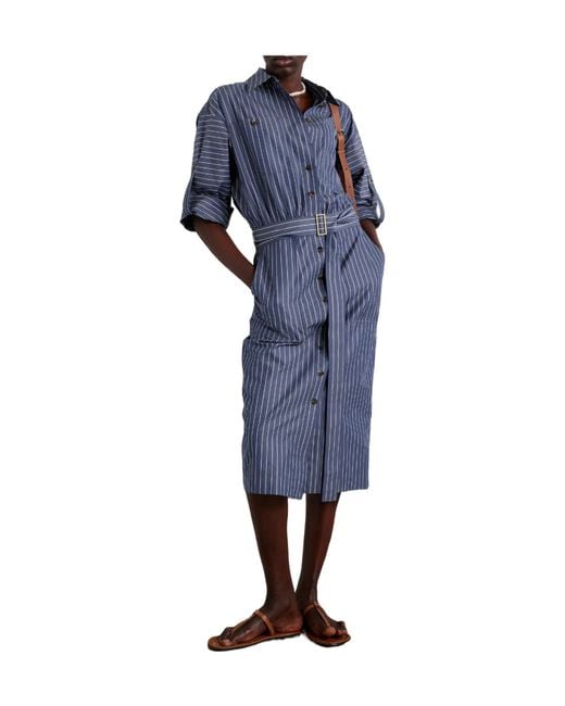 Lafayette 148 New York Blue Belted Striped Cotton-Poplin Midi Shirt Dress