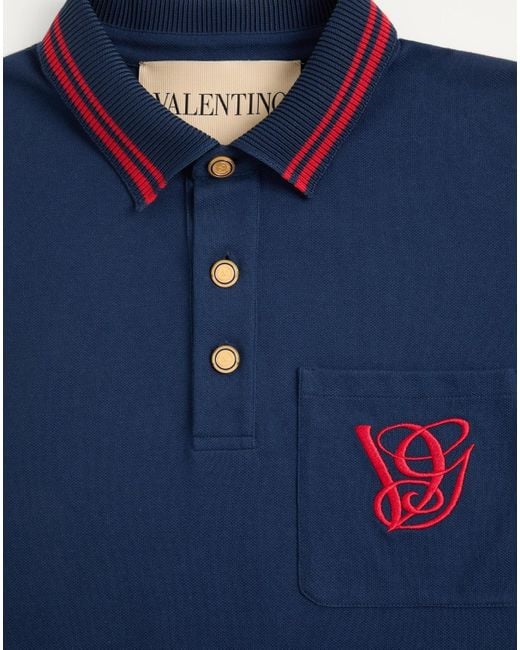 Valentino Blue Cotton Piqué Polo Shirt With Vg Embroidery for men