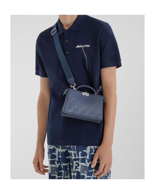 Fendi Blue Logo Embroidered Short-Sleeved Polo Shirt for men