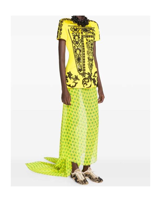 Dries Van Noten Yellow Embellished Silk Maxi Skirt