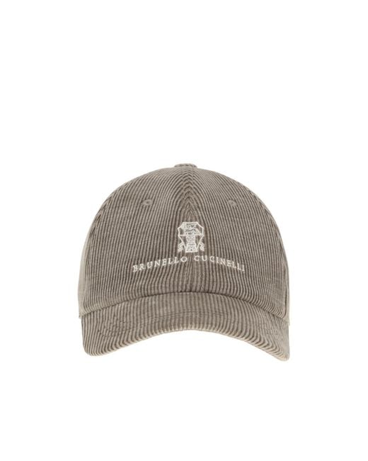 Brunello Cucinelli Gray Logo Embroidered Corduroy Baseball Cap for men