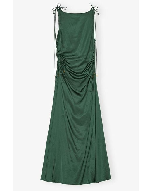 Ganni Green Satin Gathered Dress