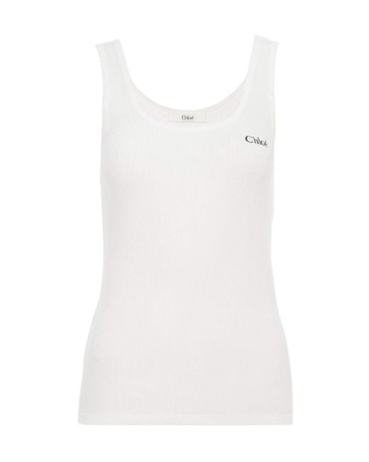 Chloé White Chloé Logo Embroidered Ribbed Tank Top