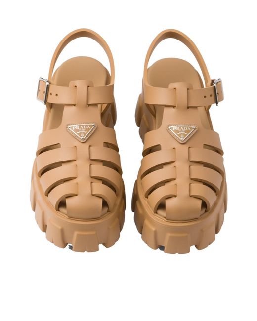 Prada Brown Foam Triangle-Logo Ankle Strapped Sandals