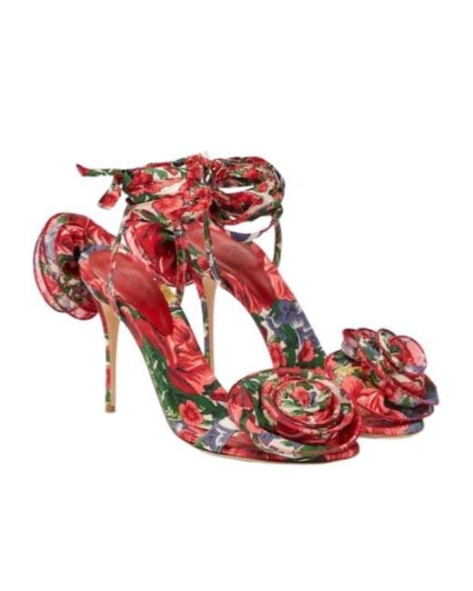 Magda Butrym Red Floral-Appliqué Satin Slingback Sandals