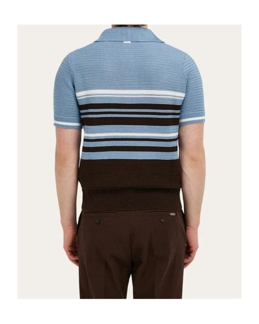Ferragamo Blue Ferragamo Striped Knitted Polo Shirt for men