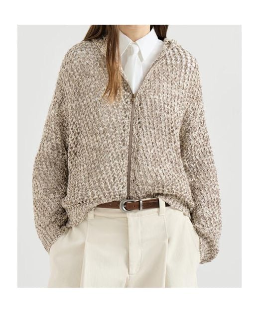 Brunello Cucinelli Multicolor Open-Knit Zip Hooded Sweater
