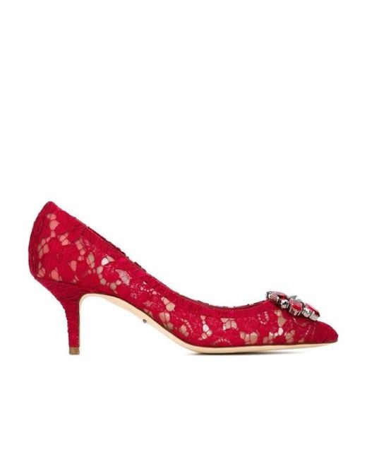 Dolce & Gabbana Red Embellished Lace Pumps