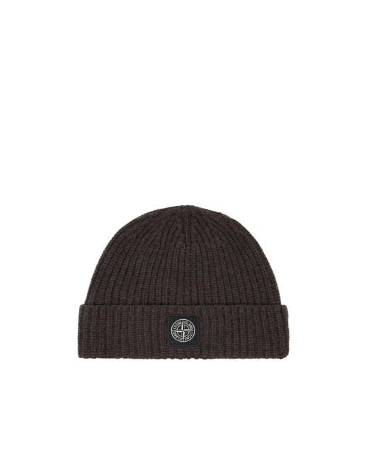 Stone Island Black Ribbed Knit Beanie With Compass Logo Patch for men
