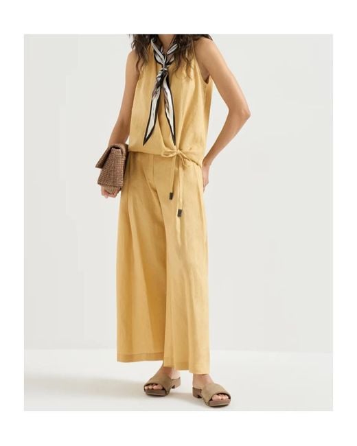 Brunello Cucinelli Natural Linen Trousers With Drawstring And Monili