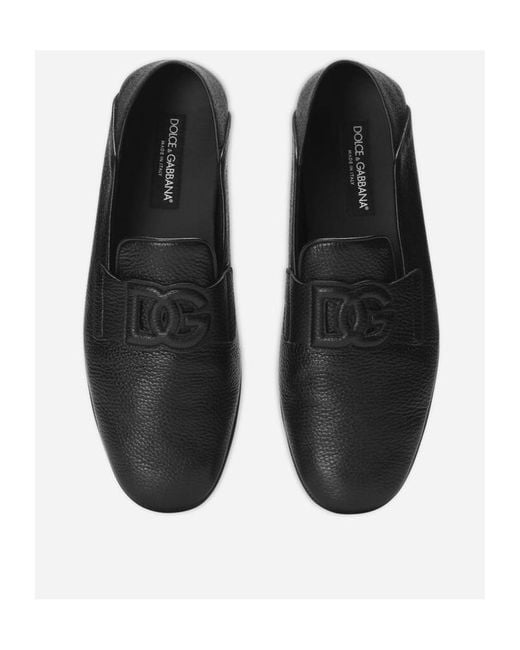 Dolce & Gabbana Black Logo Embossed Round Toe Loafers for men