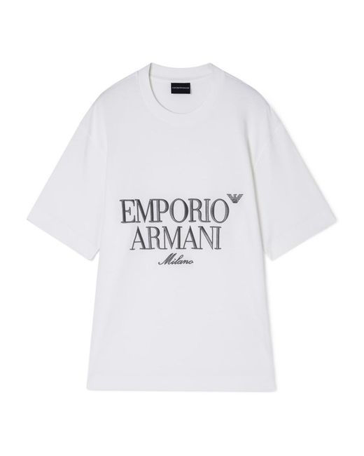 Emporio Armani White Logo Embroidered Crewneck T-Shirt for men