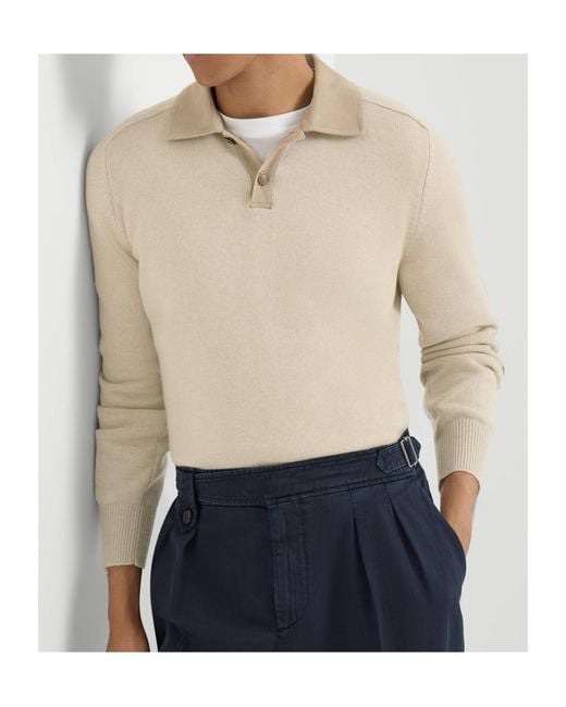 Brunello Cucinelli Natural Cashmere Knit Polo With Suede Collar for men