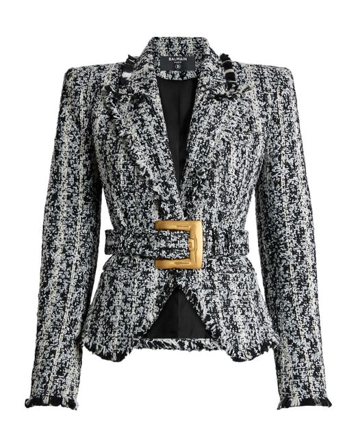 Balmain Black Two-Tone Tweed Belted Jacket