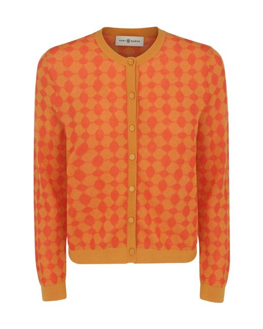 Tory Burch Orange Check-Print Cardigan