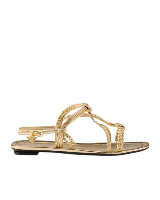 Prada Metallic Braided-Strap Flat Sandals