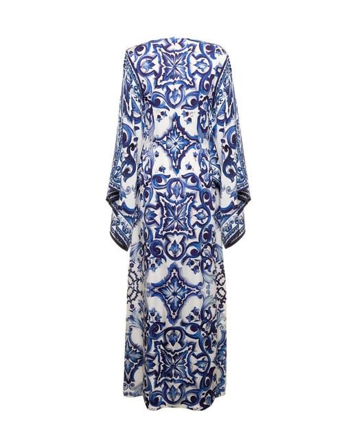 Dolce & Gabbana Blue Majolica Print Wide Sleeves Dress